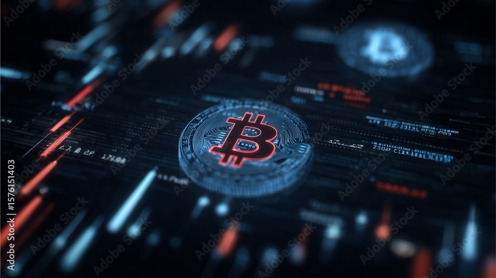Aufkleber digital bitcoin era: a futuristic depiction of bitcoin symbols embedded within a complex, illuminate