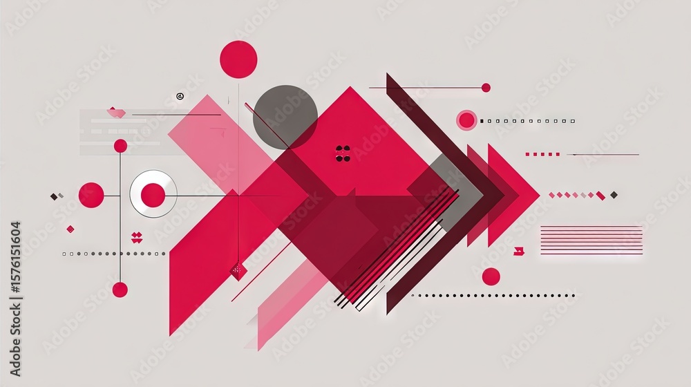 Poster abstract geometric illustration featuring red and pink shapes with lines and dots on a clean modern 