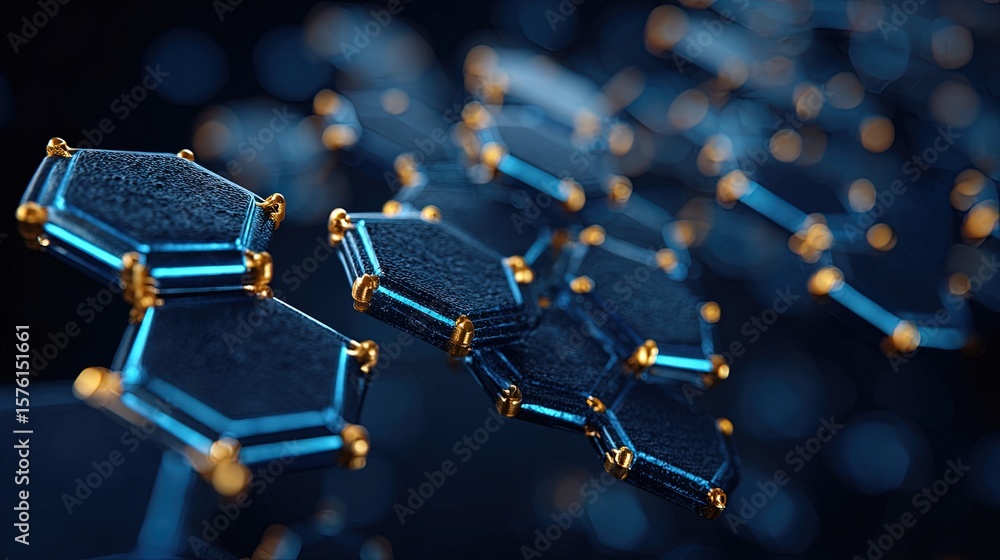 Poster futuristic hexagonal structure illustration featuring blue and gold connected elements in a modern a