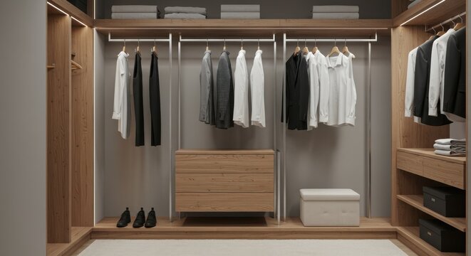 Organized closet with clothes hanging, folded textiles, and drawers