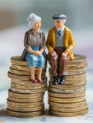 Senior Couple on Coin Stacks: A miniature elderly couple sits atop stacks of coins, symbolizing retirement planning, financial security, and the accumulation of wealth over time.
