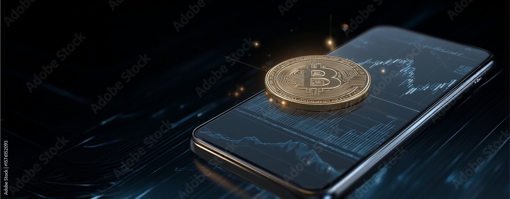 Aufkleber bitcoin on smartphone: a gleaming bitcoin resting atop a modern smartphone displaying cryptocurrency
