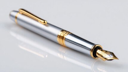 Naklejka premium Silver fountain pen with gold trim