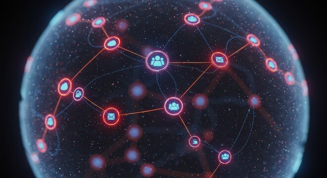 Digital network sphere with connected icons representing communication and technology concept