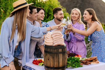 A group of friends enjoying a warm summer evening picnic. Sausage packaging on the table. Concept Quick and easy preparation, promoting high-quality meat products.