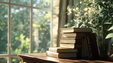 Stack of books on wooden table by sunlit window with flowers.
