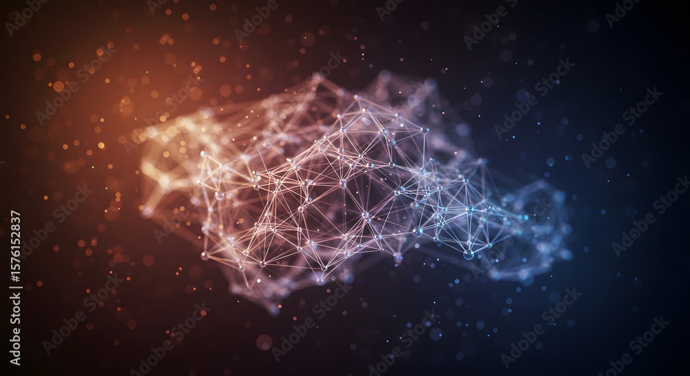 Poster abstract digital network of connected points, glowing with vibrant colors.