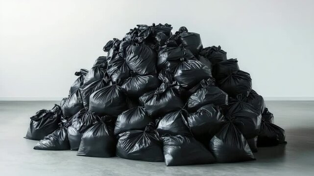 Large pile of black garbage bags filling a room