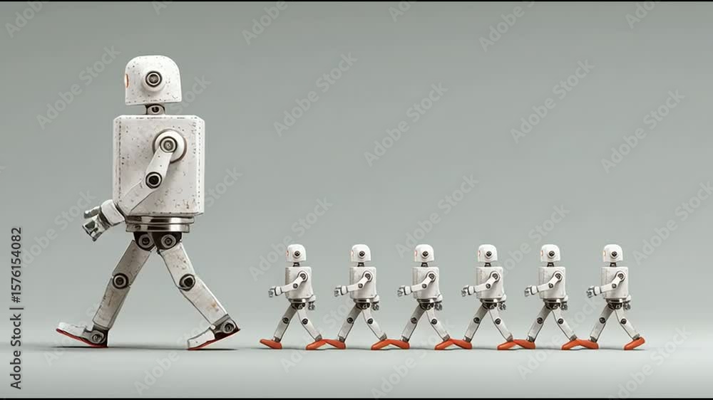 Poster group of robots walking together symbolizing collective intelligence and ai-driven customer journey 