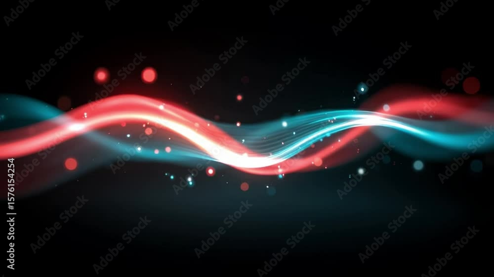 Poster glowing red and blue light waves flow with dynamic abstract energy and motion on dark background, cr