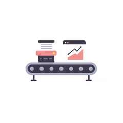 Flat vector representation of a conveyor displaying data graphs and items, emphasizing data processing and analysis
