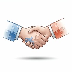 Two hands shake firmly, each holding puzzle pieces, symbolizing partnership and collaboration in a simple design