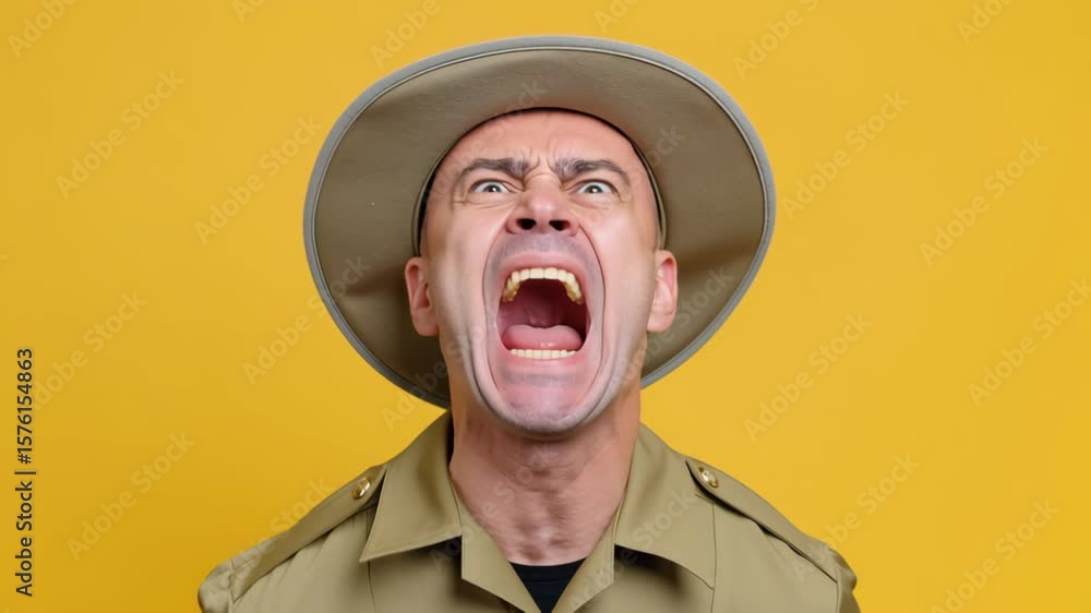 Poster man in a hat and uniform is yelling. he looks angry and upset. the yellow background adds to the int