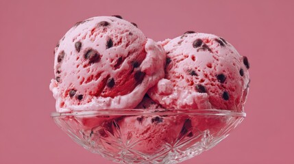 Close-up of pink strawberry ice cream scoops with chocolate chips in a vintage glass bowl on pastel background perfect for summer dessert ads and sweet food branding visuals