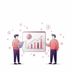Two individuals engage in a discussion while examining a chart, showcasing data trends and insights