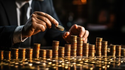 A businessman in a suit counting coins on a table with a dark background.