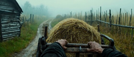 Hayride Through Misty Countryside: Rustic Farm Life on a Foggy Day