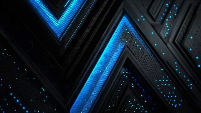 blue triangle layers sleek metallic wall with neon light glowing abstract background, futuristic and technology theme 