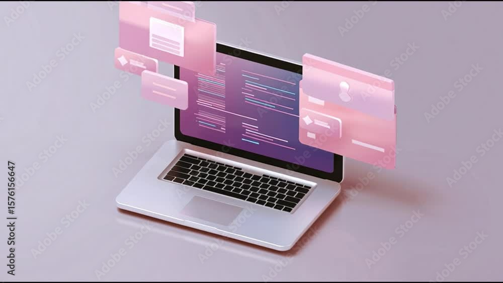 Aufkleber Laptop computer with floating digital interface elements showcasing software development, coding screen with pink and purple UI panels, modern workspace featuring keyboard and screen technology