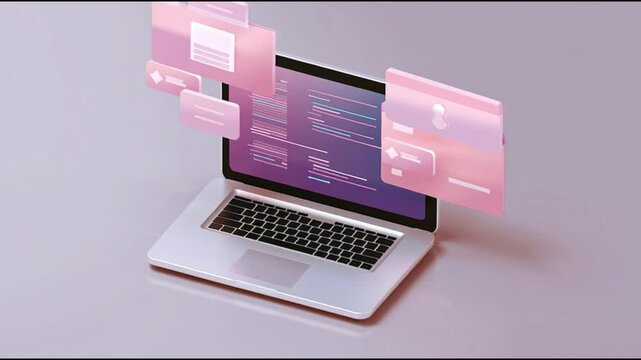 Laptop computer with floating digital interface elements showcasing software development, coding screen with pink and purple UI panels, modern workspace featuring keyboard and screen technology