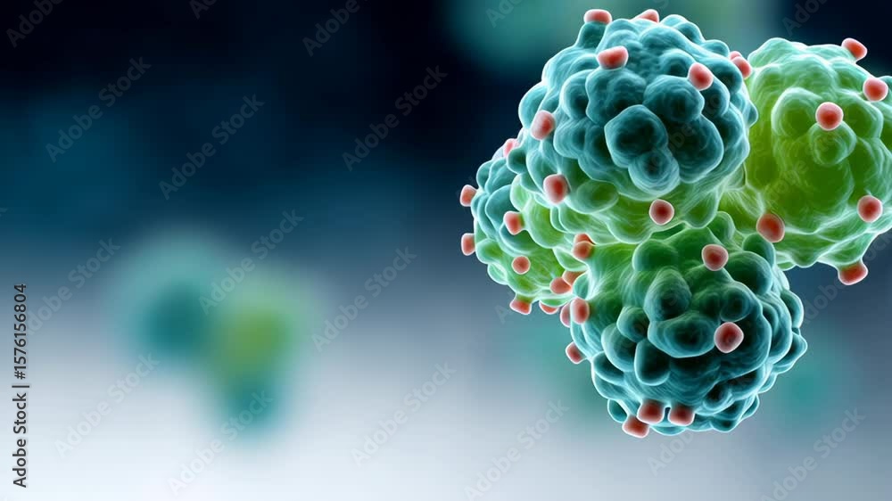 Aufkleber green, red and blue blob with many small dots. it looks like a cell. the image is blurry and fuzzy