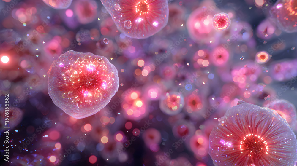 Poster magnificent cellular abstract art with glowing light accents and artistic depth creating an otherwor