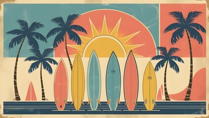 Retro Tropical Surfboard Sunset with Palm Trees – Vintage Beach Illustration. Ai- Generated