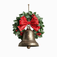 Festive Bronze Bell with Holly Wreath and Red Bow - Christmas Decoration
