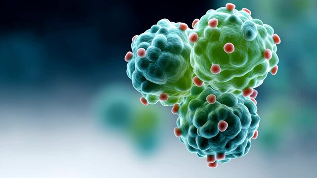 Green, red and blue blob with many small dots. It looks like a cell. The image is blurry and has a fuzzy look to it