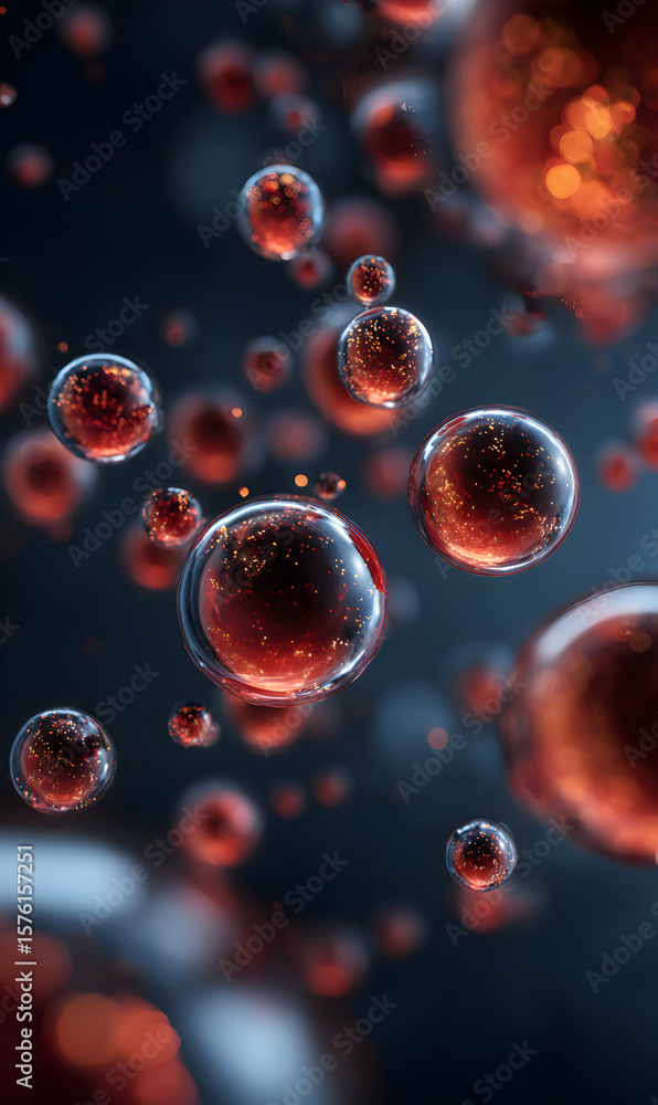 Poster abstract fluid art dynamic structure sparkling spheres vibrant red bubbles floating in liquid agains