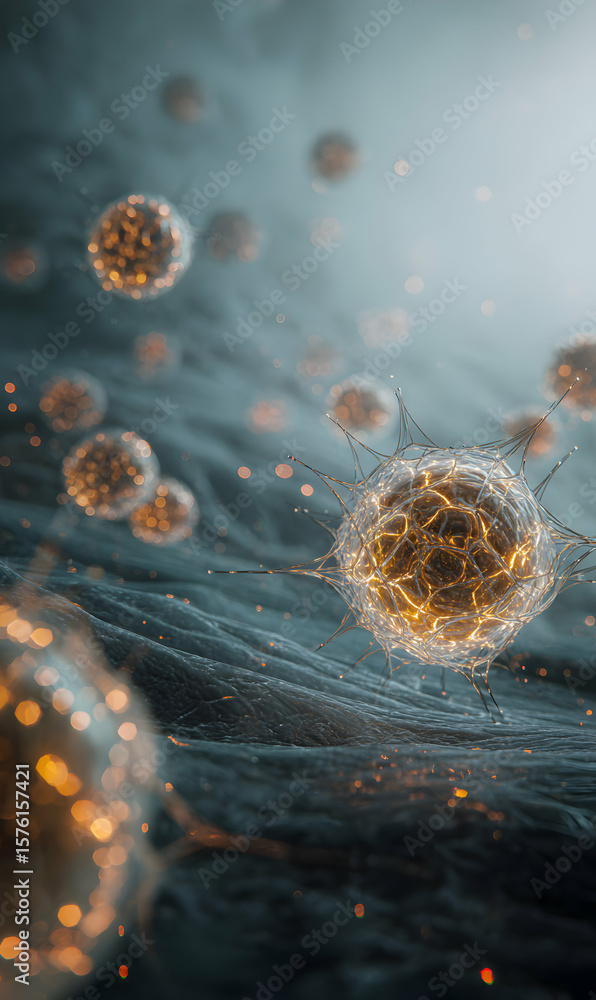 Poster intricate cell structures interconnected in a dynamic biological environment with glowing filaments 