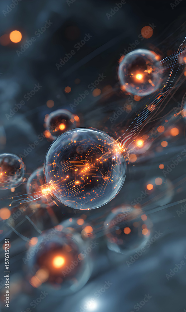 Poster futuristic interconnected spheres with glowing light patterns create a modern digital network for co