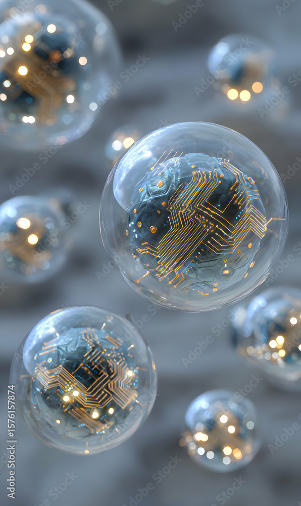 Poster encapsulated technology futuristic spheres floating abstract digital network innovation concept desi