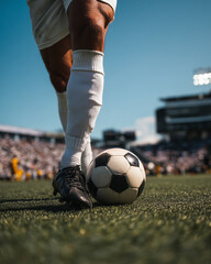 Fototapeta premium Close-up of a soccer player's legs posing with a ball on a grassy field, showing cleats, control, and readiness to play.