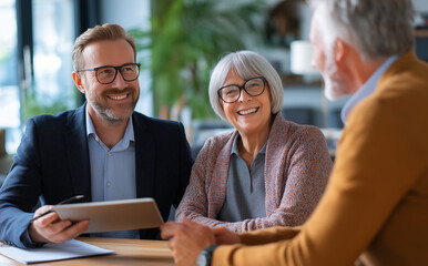 A joyful meeting with two older adults and a younger man sharing smiles and ideas around a table in a bright setting