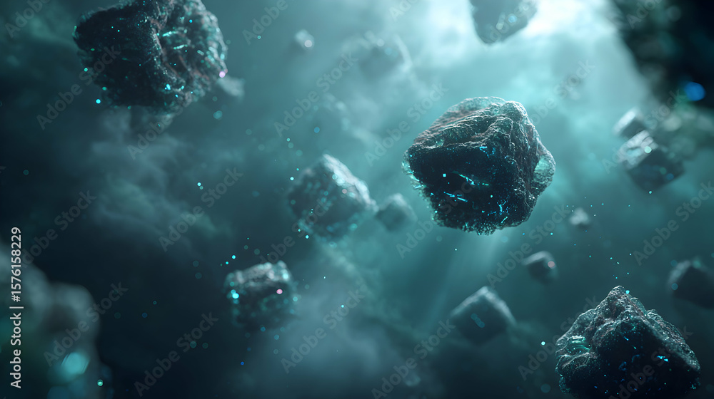 Poster abstract celestial display with glowing rocks and light beams floating creating a dreamy and surreal
