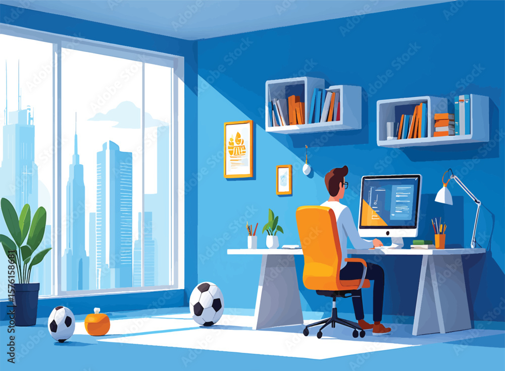 Poster programmer working in modern home office with city view