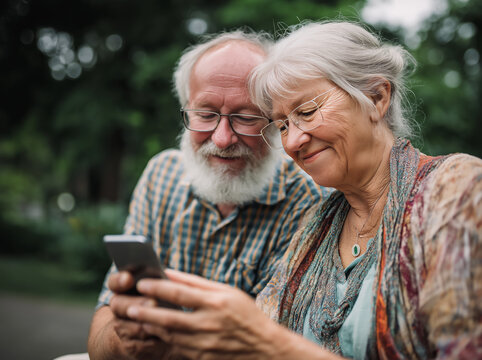 A happy couple enjoys looking at a smartphone together surrounded by greenery in a peaceful setting