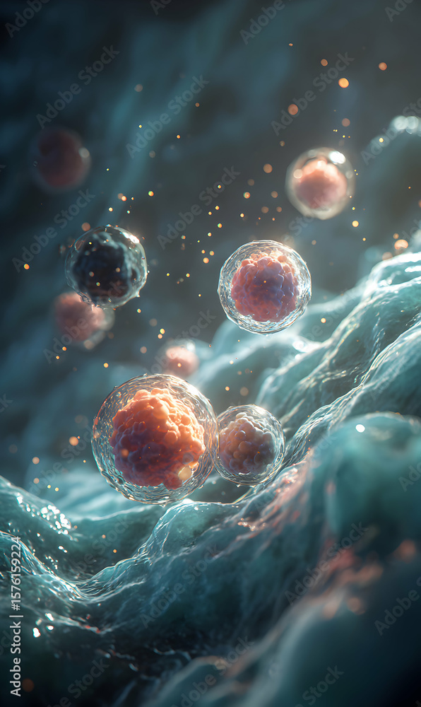 Poster microscopic cellular landscape showcasing vibrant biological processes within a complex fluid enviro