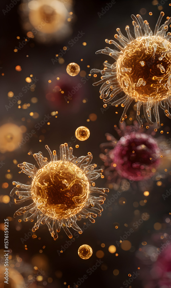 Poster abstract microscopic view of pathogens and disease agents infecting a host cell with floating partic