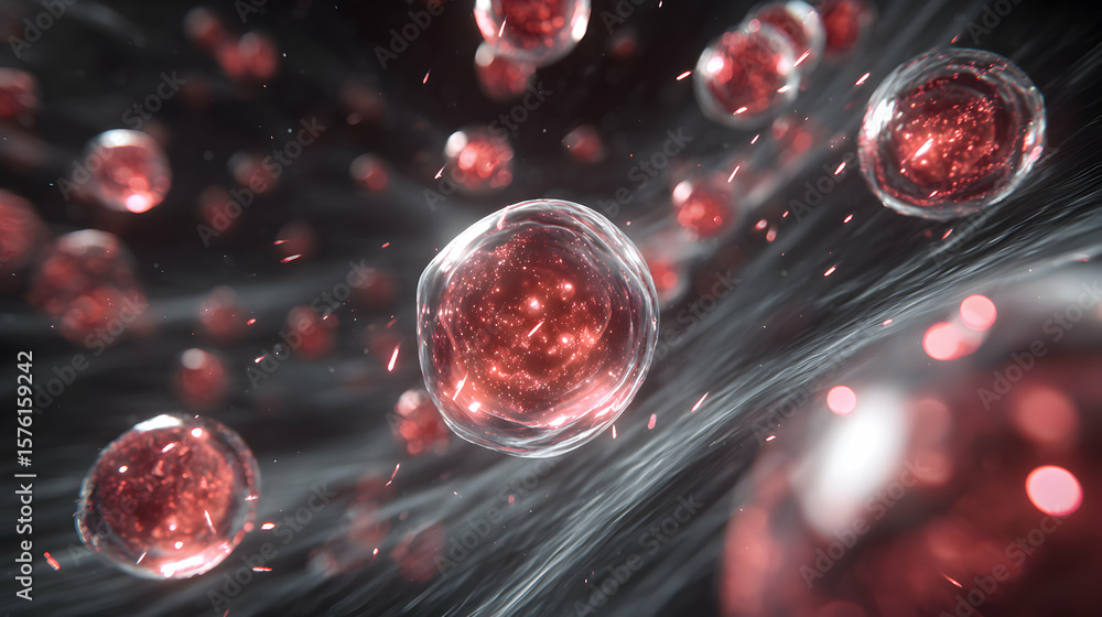 Aufkleber microscopic view of cells with vibrant red interior floating in a dark fluid with fiber like structu