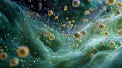 Abstract cell biology art depicting molecules and cells in a biological environment microscopic detail for scientific