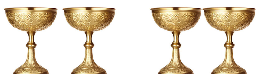 Four vintage golden goblets on a black background reflecting antique elegance