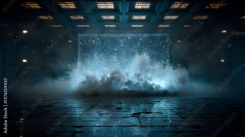 Poster mystical cube filled with celestial sparks in a futuristic room creates a mesmerizing atmosphere for