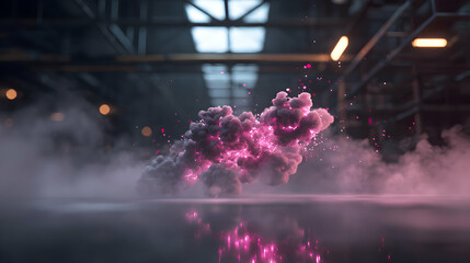 Abstract cloud formation with glowing magenta light display on a reflective surface in an industrial interior