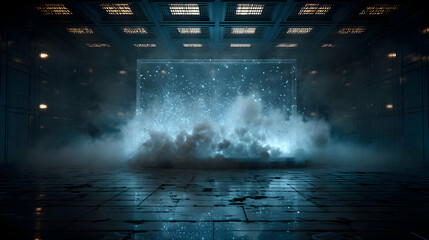 Mystical cube filled with celestial sparks in a futuristic room creates a mesmerizing atmosphere for fantasy or