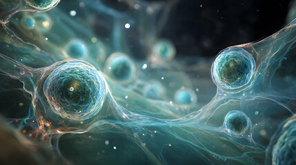 Microscopic life within intricate cellular network vibrant teal and blue cells connecting through delicate filaments