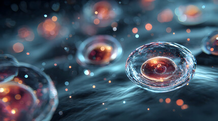 Microscopic world of cells with glowing nucleus and DNA structure in a blue environment perfect for biology or medical