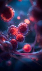 Microscopic crimson spheres connected in luminous blue space represent biological cells under intense illumination