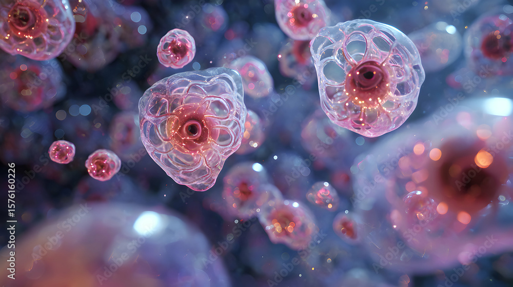 Aufkleber abstract close up of microscopic cells showing science and medicine concept with luminous cellular s